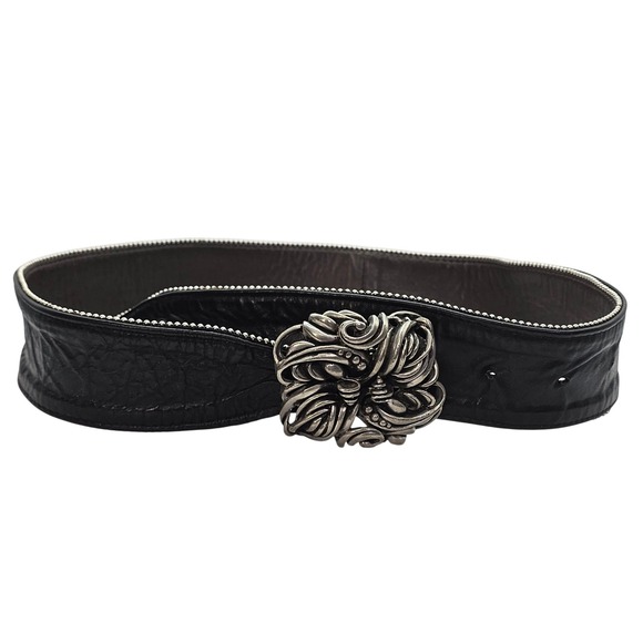 Vintage Fahrenheit NY Wide Black Leather Belt‎ Pewter Buckle 80s Wearable Art main image 8